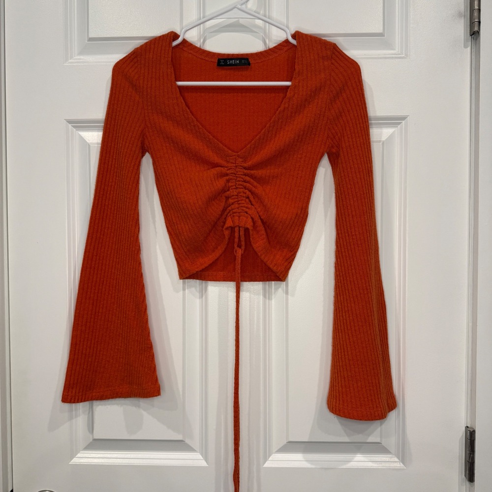 SHEIN Burnt Orange Ribbed V-Neck Drawstring Ruched Crop Top Bell Sleeve Size‎ XS